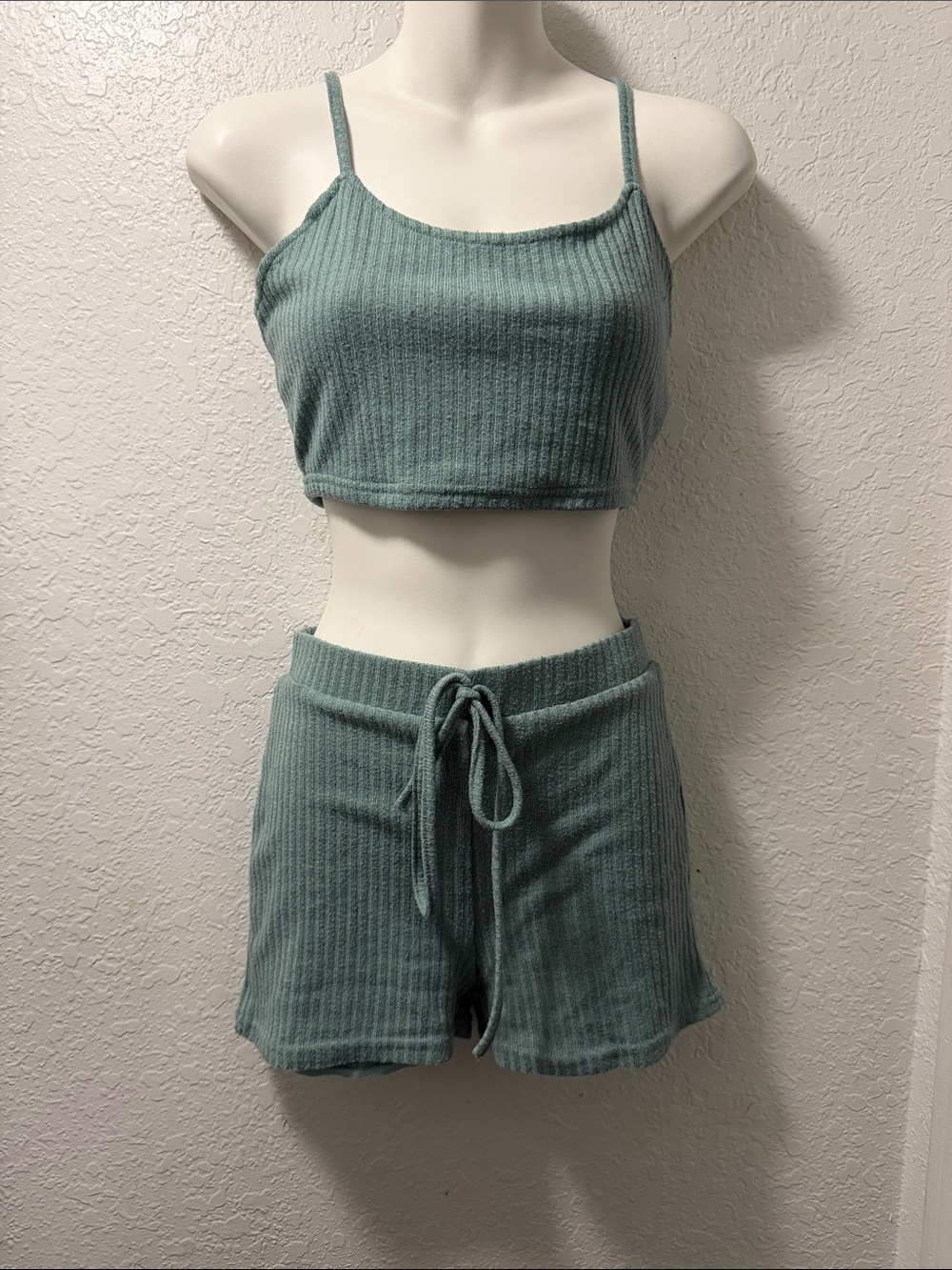 SHEIN Ribbed Cropped Cami & Drawstring Shorts Set - Sage Green